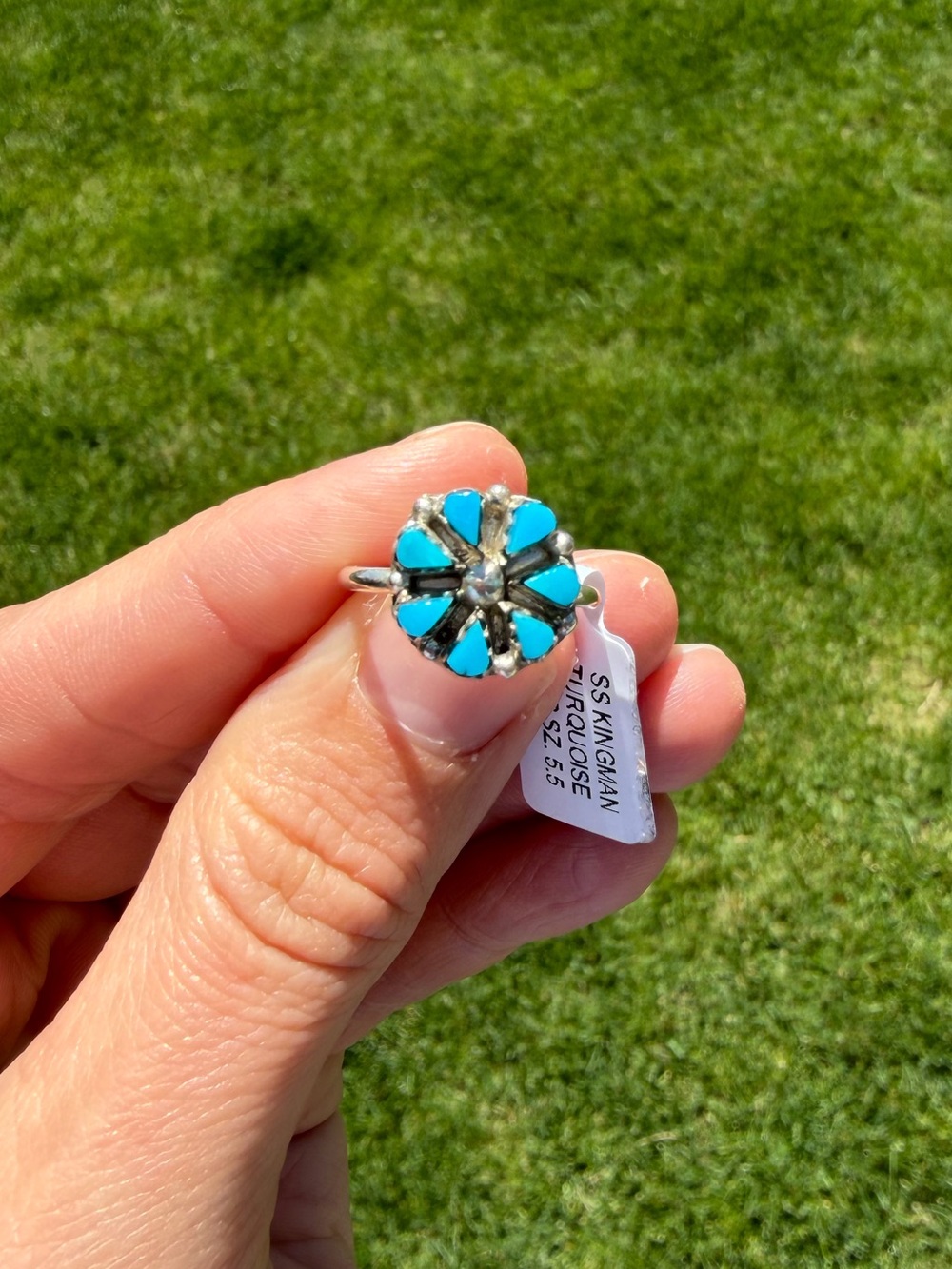 Native Handmade Zuni Turquoise & Sterling Silver Flower Ring - by Tricia Leekity